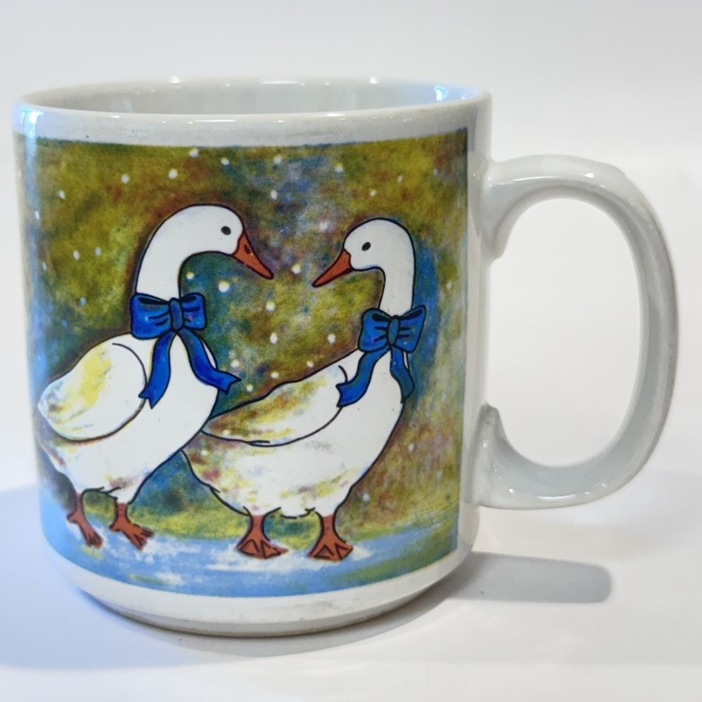 Vintage 80s Blue Ribbon‎ Country Geese Ducks Ceramic Coffee Mug